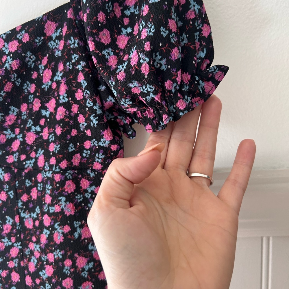 🖤 Purple Floral Midi Dress – Puff Sleeves | Sweetheart Neck Size XS - Picture 5 of 10